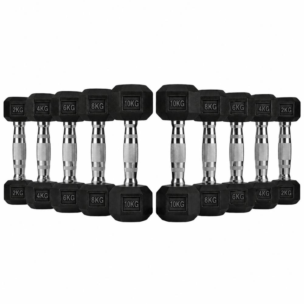 Rubber Hexagonal Dumbbell Set (2kg–10kg Pairs)